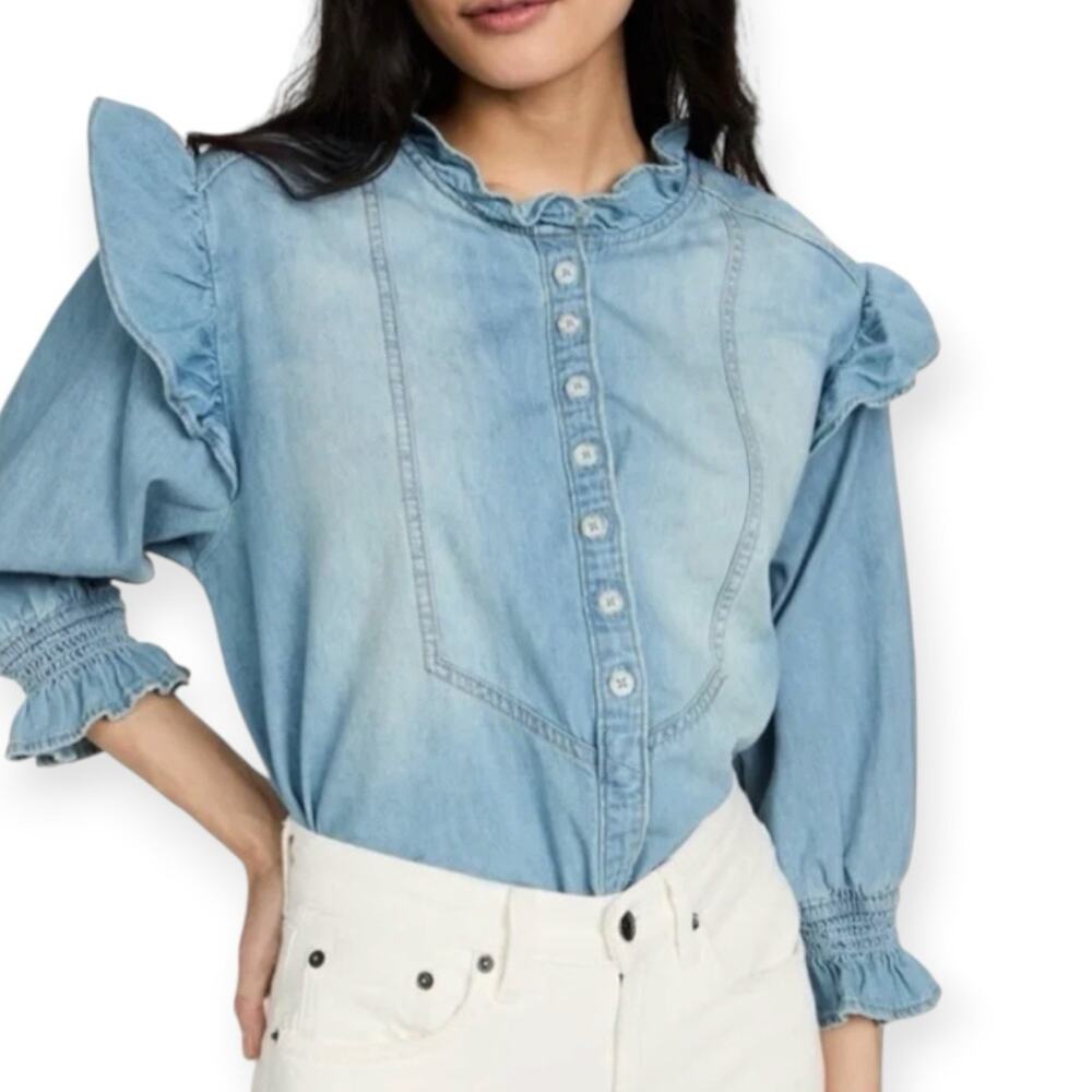 We The Free People Louise Denim Ruffle Button Front Top Large